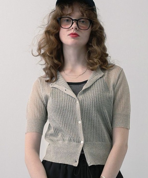 saloon（サルーン）の「SALOON(サルーン)/　シアー透かし編みニットカーデ【手洗い可】（カーディガン/ボレロ・レディース・シルバー/ブラウン/ブラック・FREE）」の3枚目の写真