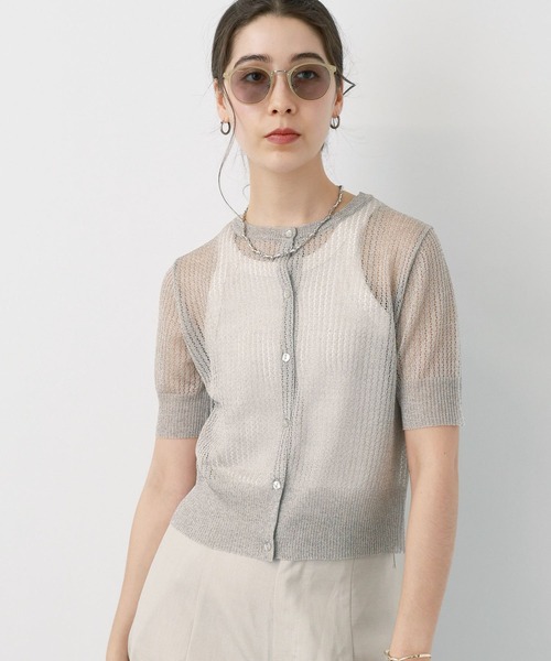 saloon（サルーン）の「SALOON(サルーン)/　シアー透かし編みニットカーデ【手洗い可】（カーディガン/ボレロ・レディース・シルバー/ブラウン/ブラック・FREE）」の7枚目の写真