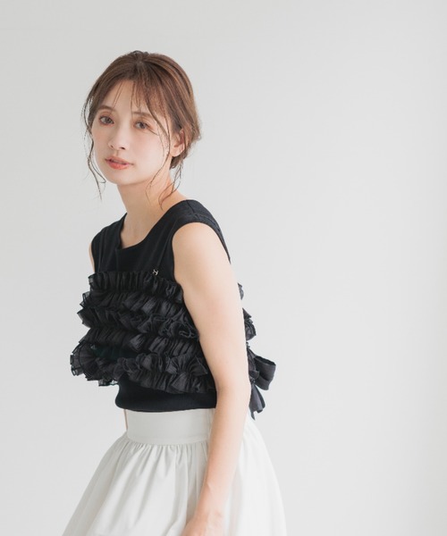 mysty woman（ミスティウーマン）の「フリルビスチェSET　128888（ニット/セーター・レディース・ブラック/ピンク/オフホワイト・FREE）」の3枚目の写真