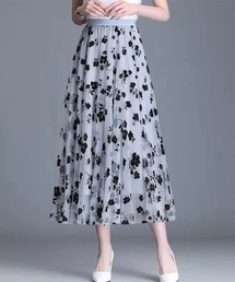 チュールスカート花柄フロッキープリント