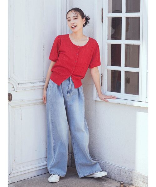 earth music&ecology（アースミュージックアンドエコロジー）の「リボン柄透かし編みニットカーディガン（カーディガン/ボレロ・レディース・オフホワイト/レッド/ミント/ネイビー・FREE）」の9枚目の写真