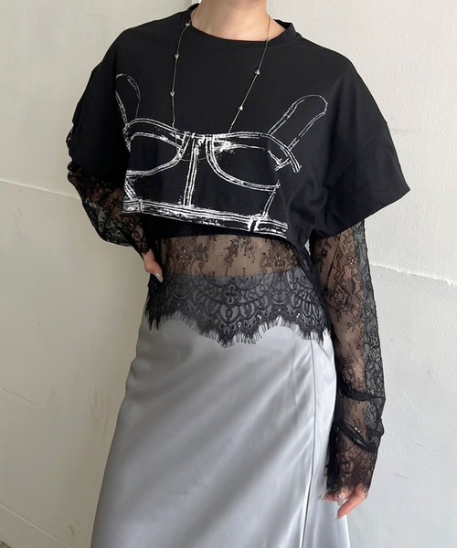 セール】ビスチェプリントクロップドTシャツ×レーストップス