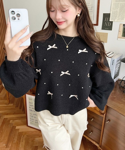 セール】リボンビジューショート丈もちもちニットプルオーバー（ニット