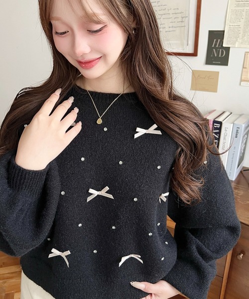 セール】リボンビジューショート丈もちもちニットプルオーバー（ニット