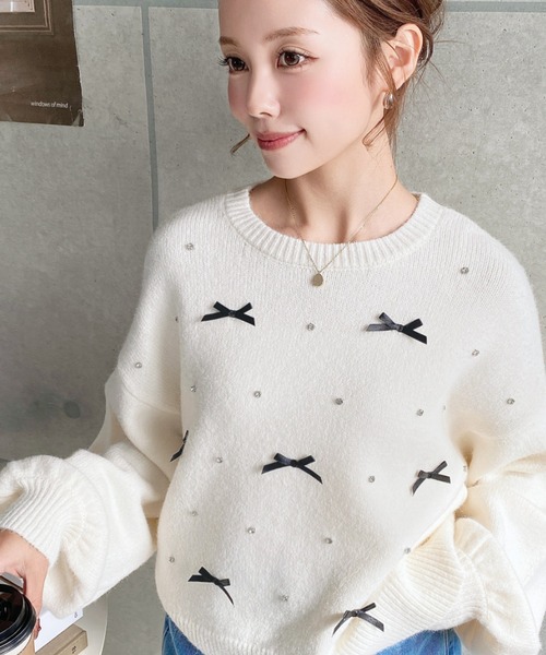 セール】リボンビジューショート丈もちもちニットプルオーバー（ニット