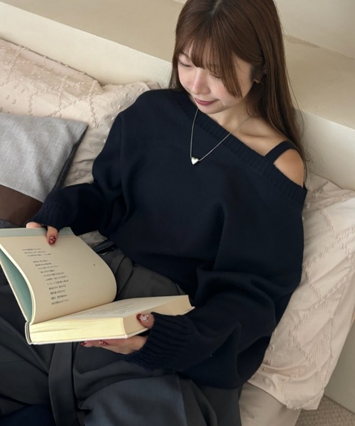 Birthday room（バースデイルーム）の「ワンショルダーニットトップス / one shoulder knit tops（ニット/セーター・レディース・グレー/ネイビー・FREE）」の6枚目の写真