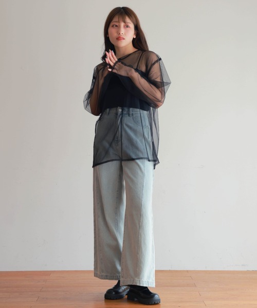 PURE BRIGHT（ピュアブライト）の「シアーチュールトップス（Tシャツ/カットソー・レディース・ブラック/アイボリー/グレー・FREE）」の14枚目の写真