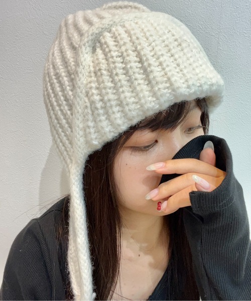 Burner（バーナー）の「【OKUOKU　0909】紐 耳当て付き ニット帽 oku-bosi-741694495432-19 N【RBN】（ニットキャップ/ビーニー・レディース・ブラック/ライトベージュ/ブルーグレー/グレー/ホワイト/ピンク/ブラウン/チェリーピンク・FREE）」の9枚目の写真