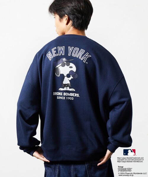 【セール】限定展開 MLB×PEANUTS 別注 ビッグシルエット バックプリント クルーネックスウェット/YANKEES（スウェット）｜FREAK'S STORE（フリークスストア）