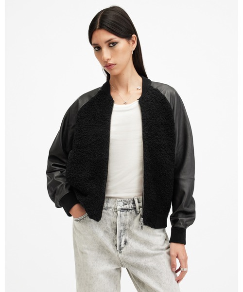 ALLSAINTS（オールセインツ）の「RENATA LEATHER SLEEVE BOMBER CARDIGAN | RENATA レザー スリーブ ボンバー カーディガン（カーディガン/ボレロ・レディース・ブラック・S/M/XS）」の4枚目の写真