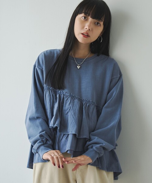 coen（コーエン）の「ピグメントフリルドッキング裏毛プルオーバー（Tシャツ/カットソー・レディース・ダークグレー/ナチュラル/レッド/ネイビー・M/L）」の6枚目の写真