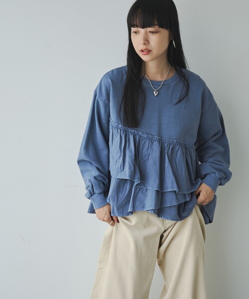 coen（コーエン）の「ピグメントフリルドッキング裏毛プルオーバー（Tシャツ/カットソー・レディース・ダークグレー/ナチュラル/レッド/ネイビー・M/L）」の7枚目の写真