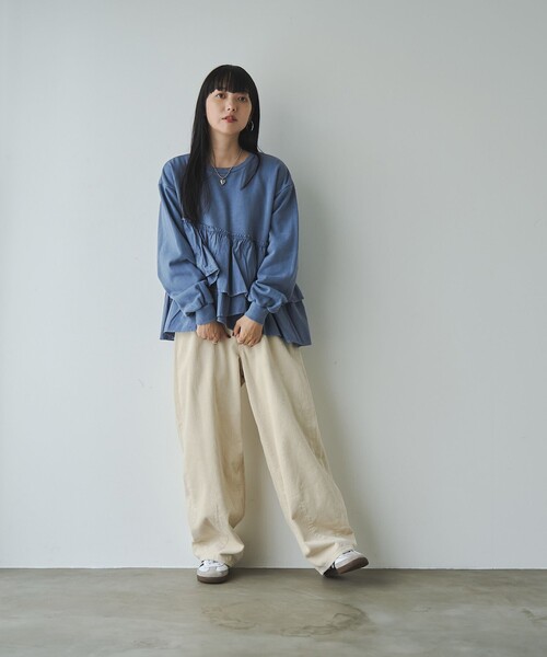 coen（コーエン）の「ピグメントフリルドッキング裏毛プルオーバー（Tシャツ/カットソー・レディース・ダークグレー/ナチュラル/レッド/ネイビー・M/L）」の10枚目の写真