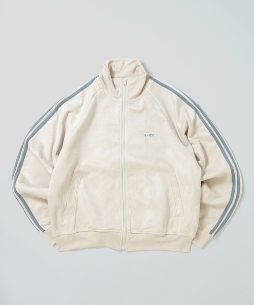 Anytime Songs(エニータイムソングス)の「faux suede track jacket/スウェードタッチ ワンポイント刺繍 袖ライン トラックジャケット(ジャージ・メンズ・チャコールグレー/ブラック/グレイッシュベージュ/サックスブルー/オフホワイト・L/XL/M)」の2枚目の写真