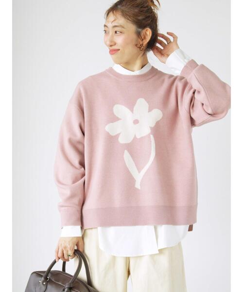 Lugnoncure（ルノンキュール）の「フラワーモチーフジャカードワイドニット（ニット/セーター・レディース・グレー/モカ/ネイビー/ピンク・F）」の14枚目の写真