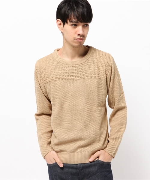 SEVENDAYS=SUNDAY(セブンデイズサンデイ)の「編地切替 プルオーバー(ニット/セーター・メンズ・カーキ/オフホワイト/ベージュ/ネイビー・MEDIUM/LARGE/SMALL)」の2枚目の写真