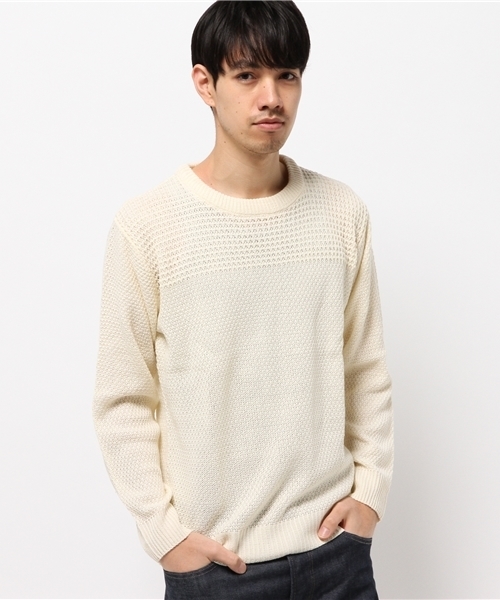 SEVENDAYS=SUNDAY(セブンデイズサンデイ)の「編地切替 プルオーバー(ニット/セーター・メンズ・カーキ/オフホワイト/ベージュ/ネイビー・MEDIUM/LARGE/SMALL)」の1枚目の写真