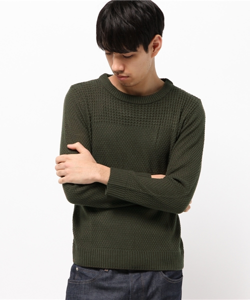 SEVENDAYS=SUNDAY(セブンデイズサンデイ)の「編地切替 プルオーバー(ニット/セーター・メンズ・カーキ/オフホワイト/ベージュ/ネイビー・MEDIUM/LARGE/SMALL)」の3枚目の写真