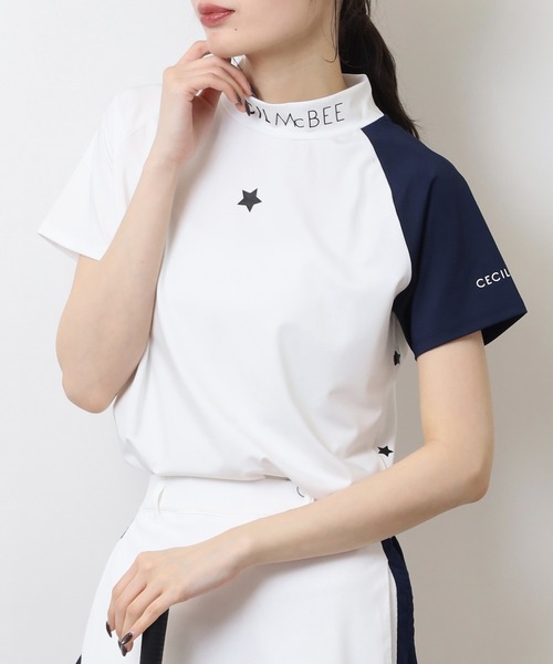 CECIL McBEE(セシルマクビー)の「スターバイカラーラグラン半袖モックネックシャツ(Tシャツ/カットソー・レディース・ホワイト/ネイビー・3(L)/2(M)/1(S))」の2枚目の写真