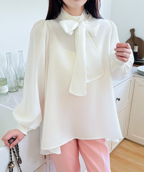 【ルネ】お袖おリボン♡パフスリーブ♡ブラウス DRESS+ ブラウス ハイネック オーガンジー スタンドカラー