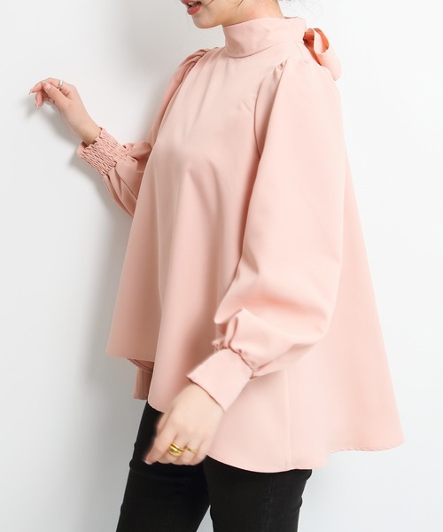 ハイネックバックリボンブラウス レディース Aライン パフスリーブ