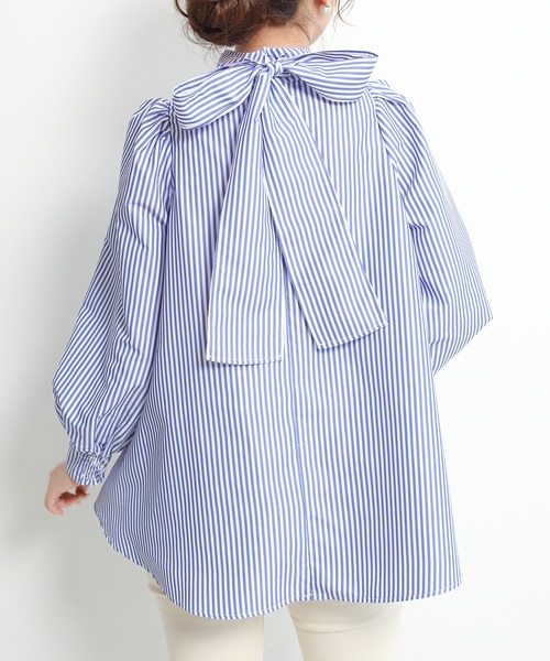 ハイネックバックリボンブラウス レディース Aライン パフスリーブ