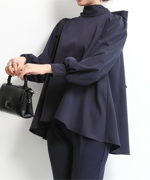 ハイネックバックリボンブラウス レディース Aライン パフスリーブ