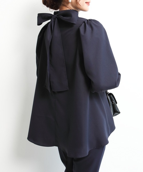 ハイネックバックリボンブラウス レディース Aライン パフスリーブ