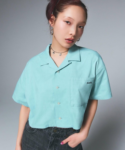 X-girl（エックスガール）の「FACE OPEN COLLAR CROPPED SHIRT（シャツ/ブラウス・レディース・ブラック/オリーブ/ブルー・S/M）」の14枚目の写真