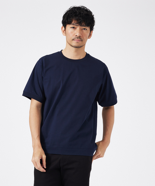 ABAHOUSE GRAY(アバハウスグレイ)の「【接触冷感】シルケット天竺ワイドリブ 半袖Tシャツ(Tシャツ/カットソー・メンズ・グリーン/ホワイト/ネイビー/ブラック/グレイッシュベージュ・46/44/50/48)」の1枚目の写真