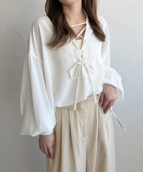 apres jour clair(アプレジュールクレア)の「【apres jour clair】レースアップチュニックブラウス(シャツ/ブラウス・レディース・オフホワイト/ブルー系その他/アイボリー・フリー/X-LARGE)」の1枚目の写真