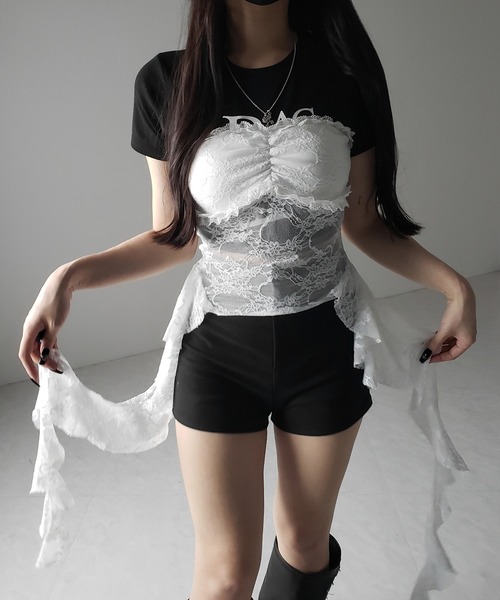 me+em select(ミームセレクト)の「※※【 2color 】アシンメトリーフリルレースベアトップス / asymmetry frill lace bare tops(その他トップス・レディース・ホワイト/ブラック・FREE)」の19枚目の写真