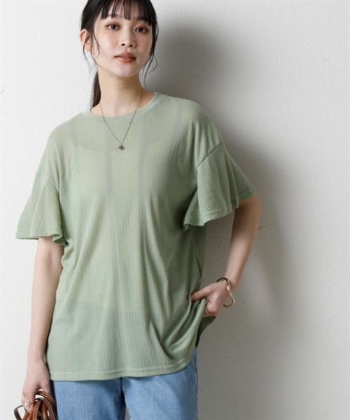 nissen(ニッセン)の「ランダムリブカットソーフレアスリーブボートネックプルオーバー(薄手素材)<大きいサイズ有>(Tシャツ/カットソー・レディース・ブラック/ライトブルー/ラベンダー/ブラウン/グリーン・S/M/L/LL/3L)」の4枚目の写真