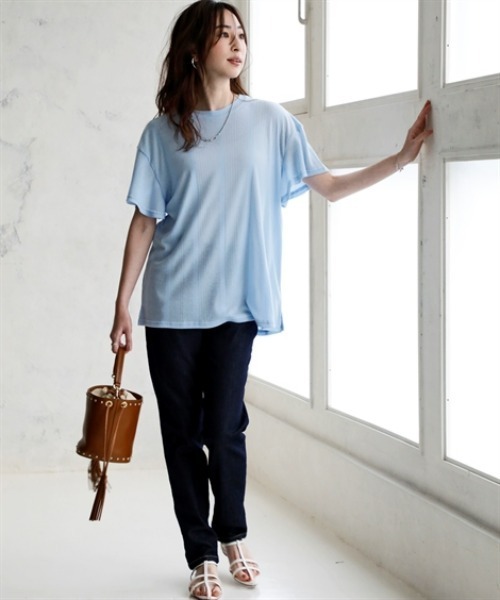 nissen(ニッセン)の「ランダムリブカットソーフレアスリーブボートネックプルオーバー(薄手素材)<大きいサイズ有>(Tシャツ/カットソー・レディース・ブラック/ライトブルー/ラベンダー/ブラウン/グリーン・S/M/L/LL/3L)」の11枚目の写真