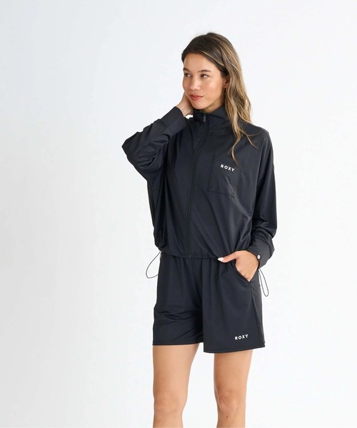 ラッシュガード ROXY Aurora Stand Up Rash Guard BLK RE21RZ199 AURORA STAND/ロキシードローコード付き長袖ジップアップ