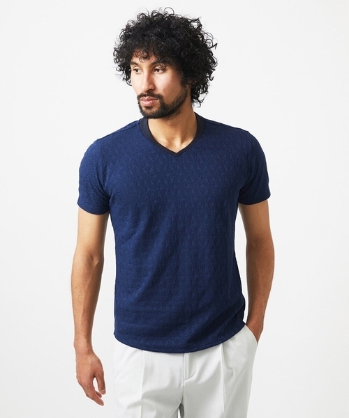 MICHEL KLEIN HOMME (ミッシェルクランオム)の「《日本製》リンクスVネック半袖カットソー(Tシャツ/カットソー・メンズ・ホワイト/ネイビー/レッド・MEDIUM/LARGE/X-LARGE)」の2枚目の写真