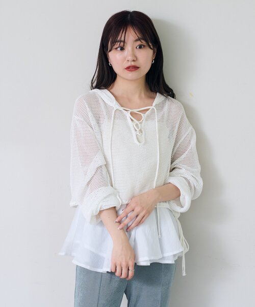 Kastane(カスタネ)の「*メッシュレースアップパーカー(パーカー・レディース・ブラック/オフホワイト/モカ・SMALL/LARGE)」の5枚目の写真