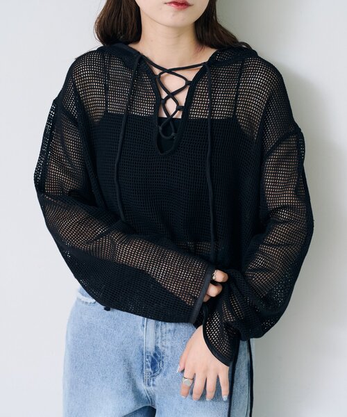 Kastane(カスタネ)の「*メッシュレースアップパーカー(パーカー・レディース・ブラック/オフホワイト/モカ・SMALL/LARGE)」の12枚目の写真