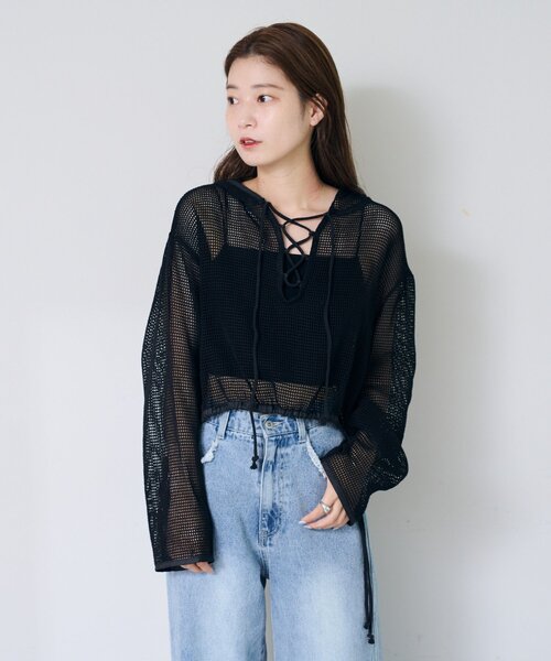 Kastane(カスタネ)の「*メッシュレースアップパーカー(パーカー・レディース・ブラック/オフホワイト/モカ・SMALL/LARGE)」の14枚目の写真