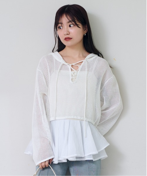 Kastane(カスタネ)の「*メッシュレースアップパーカー(パーカー・レディース・ブラック/オフホワイト/モカ・SMALL/LARGE)」の1枚目の写真