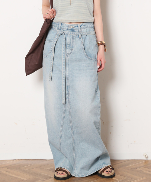 スカート LOW CLASSIC SKIRT (LW251SK07PK) LOW CLASSIC/ロウ・クラシック】BELTED HIGH WAIST DENIM SKIRT