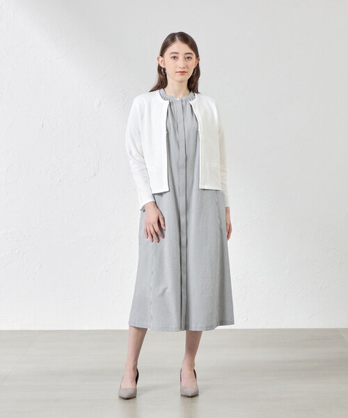 新品♥定価23000円◆AMACA　 ノーカラージャケット 42◆大きいサイズ シャンブレーライクストレッチノーカラージャケット(ジャケット
