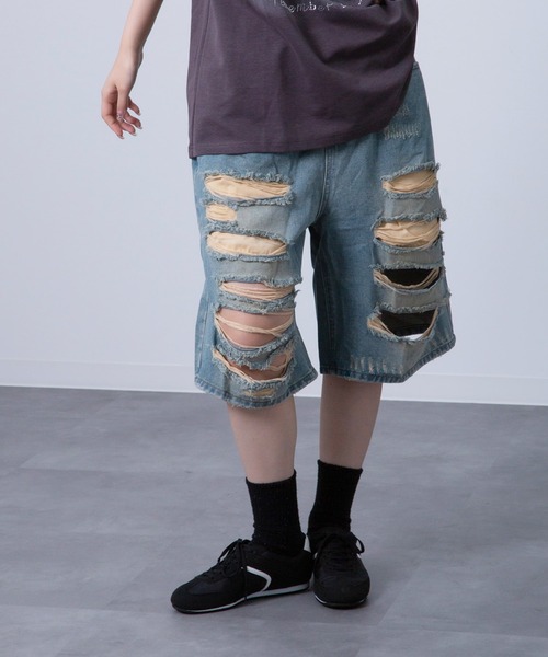 ダメージ ハーフパンツ ルーズ 切替 七分丈 デニム 迷彩 cr9666 セール】Chiina / ルーズ ラッシュ デニムハーフパンツ（デニム