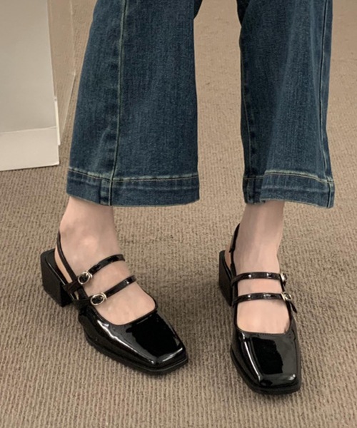 Lace Ladies(レースレディース)の「パテント スクエアトゥ ダブルストラップ スリングバック パンプス(パンプス・レディース・ブラック/アイボリー/ワインレッド・22.5cm/23cm/23.5cm/24cm/24.5cm/25cm)」の1枚目の写真