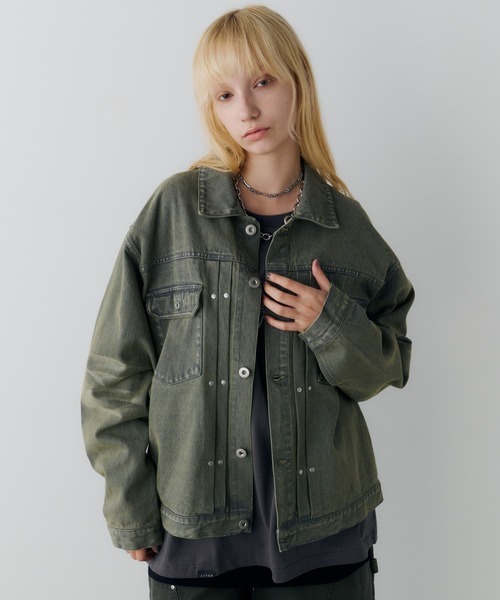 AIVER(アイバー)の「AIVER オーバーダイリベットGジャン(デニムジャケット・メンズ・ブラック/グリーン/パープル系その他・SMALL/MEDIUM/LARGE)」の3枚目の写真