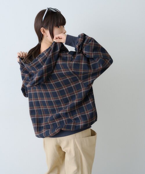 WHIMSIC（ウィムジック）の「【UNISEX】チェックジップフーディーシャツ（シャツ/ブラウス・メンズ・ベージュ/ネイビー/ブラック・FREE）」の10枚目の写真