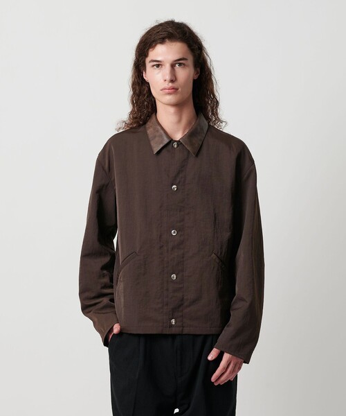 MONKEY TIME（モンキータイム）の「ヴィンテージ ナイロン ツイル レザーライク カラー ジャケット（ブルゾン・メンズ・ダークブラウン/ブラック・S/M/L/XL）」の4枚目の写真