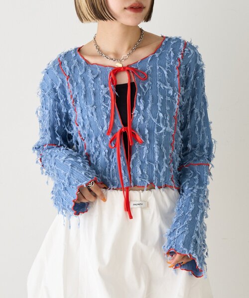 w closet(ダブルクローゼット)の「【25AW】配色メロウボレロブラウス(Tシャツ/カットソー・レディース・ブラック/ブルー/ベージュ/アイボリー/グリーン・FREE)」の1枚目の写真