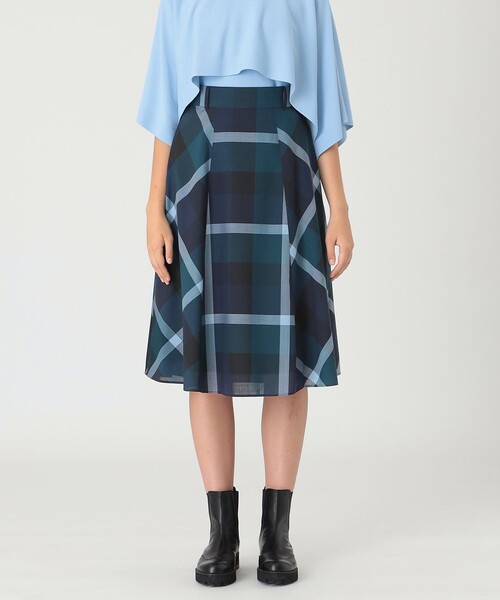 クレストブリッジチェックウールポリエステルフレアスカート（スカート