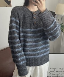 ヘンリーネック ボーダールーズ ニット プルーオーバー